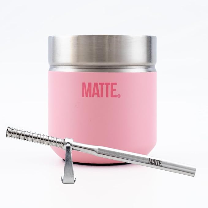 Matte 6.5 oz Yerba Mate Gourd and Bombilla Set - Includes DS Pro Box - BPA Free Yerba Mate Set Kit with Mate Straw, Elegant Design, Non-Slip Base (Pink)