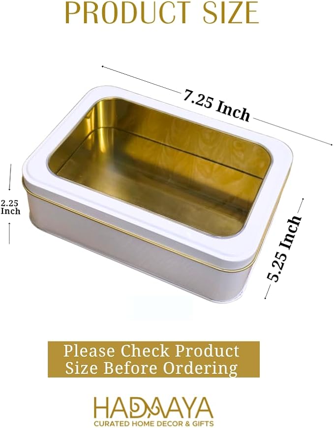 Pack of 6 Pearl White Rectangular Tin Container With Clear Lid, Multipurpose Tin Box, Festive Tin Box for Gift Giving, Cookies, Stationery & More - 7.25 x 5.25 x 2.25 Inches