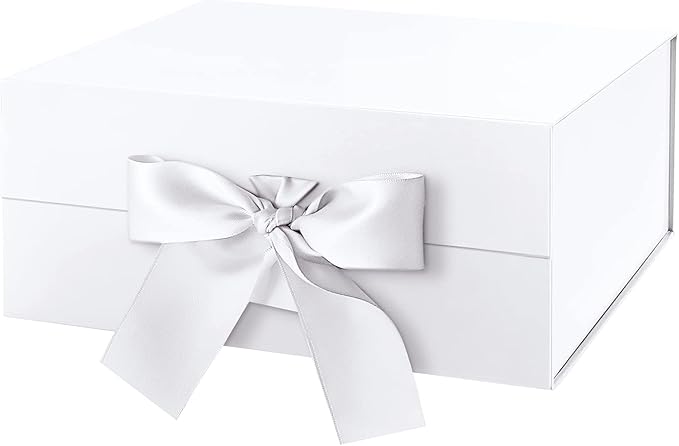 HAPPY POTATO Gift Box for Presents with Ribbon 9x6.5x3.8 Inches, White Gift Box with Lid, Bridesmaid Proposal Boxes (Glossy White)