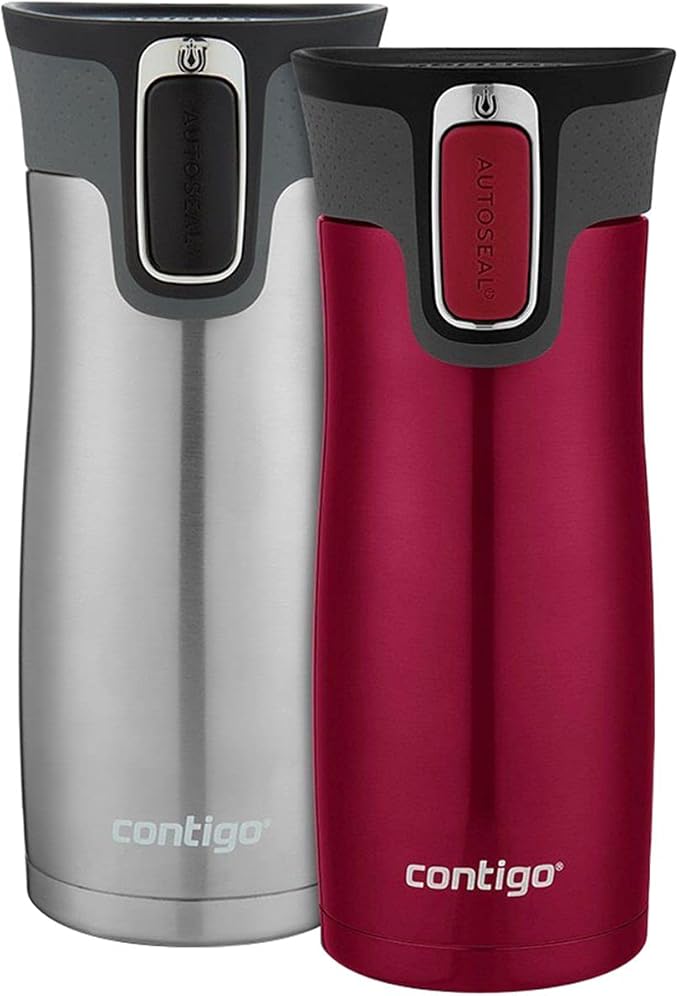 Contigo West Loop Stainless Steel Vacuum-Insulated Travel Mug with Spill-Proof Lid, 16oz 2-Pack, Very Berry & Steel Colors, Keeps Hot to 5h & Cold to 12h