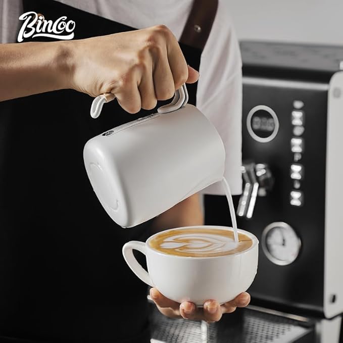 Bincoo Espresso Milk Frothing Pitcher Stainless Steel 20oz/600ML Coffee Milk Frother Cup-Milk Frothing Pitcher with Measurement Lines,Ergonomic Handle for Latte Art & Cappuccino(White)