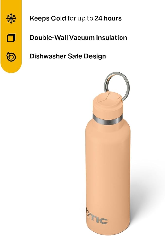 RTIC 20oz Journey Bottle Metal Stainless Steel Vacuum Insulated, BPA Free, Reusable, for Water, Hot and Cold Drinks, Travel, Sports, Camping, Peach Tea