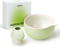 Matcha Bowl and Whisk Holder Set, Ceramic Tea Bowl and Whisk Stand, Matcha Tea Mixing Bowl with Spout (18 Ounce), Whisk Rest, Light Green