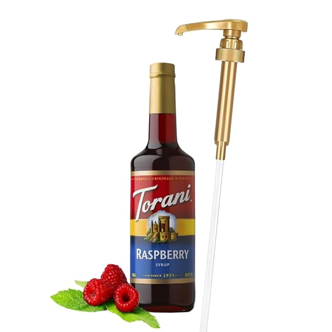 Jimoco® Syrup Pump Dispenser + Torani® Raspberry Syrup, 25.4 oz - Coffee Syrup Pump & Flavoring Bundle
