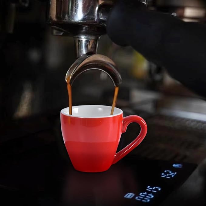 homEdge Porcelain Espresso Shot Cup Set with Saucers and Stainless Steel Spoons - 80 ml / 2.67 oz, Set of 4, Red