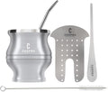 Yerba Mate Cup - Mate Gourd Set Includes Double Walled Stainless Steel Tea Cup, Tea Shaper set, Bombilla Straws, Cleaning Brush (Silver)