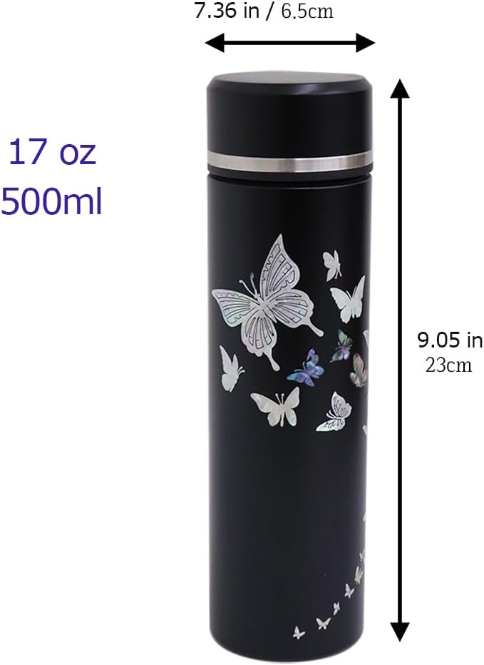 Mother of Pearl Design Stainless Steel Water Bottle with Tea Infuser Strainer 17 oz Leakproof Screw Cap Wide Mouth Double Wall Vacuum Insulated Travel Sport Water Flask Thermo Mug (Butterfly Black)