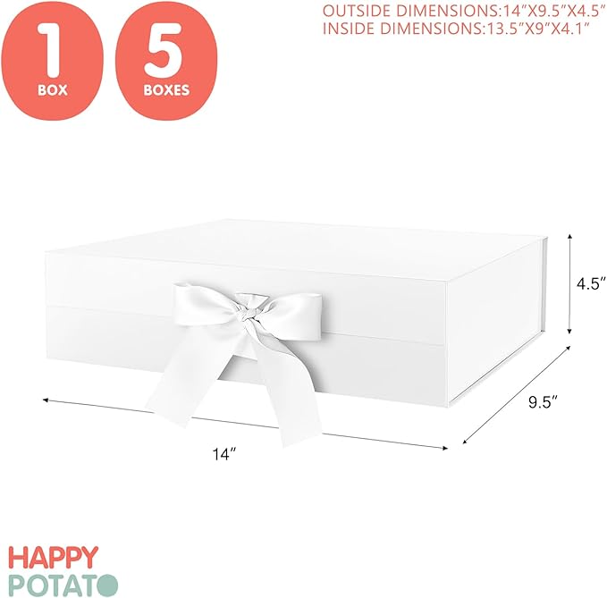 HAPPY POTATO 5 Large Gift Boxes with Lids and Ribbon 13.5x9x4.1 Inches, Bridesmaid Proposal Boxes, Magnetic White Gift Boxes for presents (Glossy White, Pack of 5)