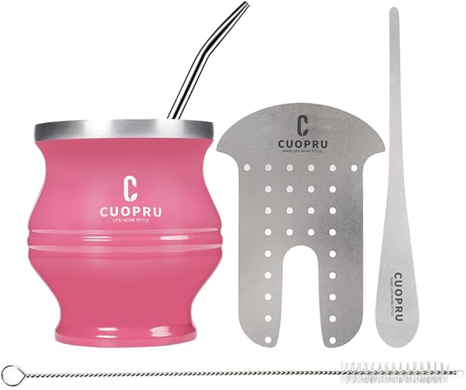 Yerba Mate Cup - Mate Gourd Set Includes Double Walled Stainless Steel Tea Cup, Tea Shaper set, Bombilla Straws, Cleaning Brush