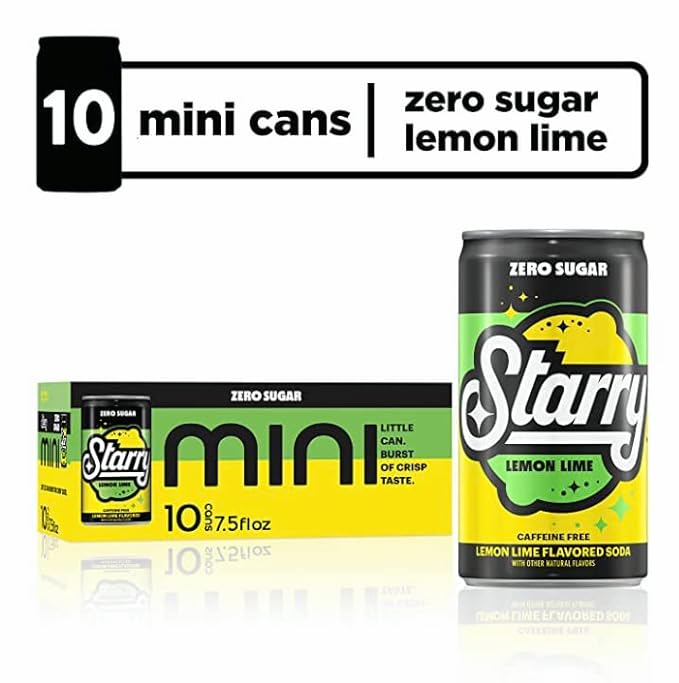 Starry Zero Sugar Lemon Lime Soda, Caffeine Free, Mini Cans, 7.5 Ounce (Two packs of 10)