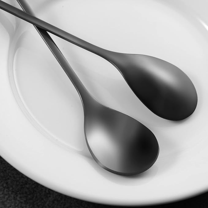 AnSaw 6-Piece Elegant Black Leaf Long Handle Teaspoons - 7.4" Stainless Steel Stir Spoons for Coffee & Tea, Perfect for Mixing & Stirring