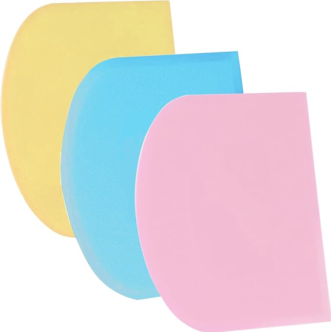 SURDOCA Dough Scraper Bench Scraper - 3P 7.1x4.9" Plastic Flexible Bowl Scraper, Sharp Edge & Angles Cake Scraper. Non-Slip Bakeware Decorating Tools Sculpting & Modeling Tools - Blue+Yellow+Pink