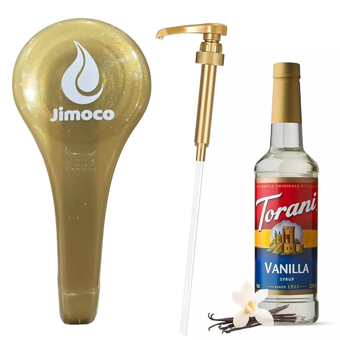 Jimoco® Syrup Pump Dispenser + Torani® Vanilla Syrup, 25.4 oz - Coffee Syrup Pump & Flavoring Bundle