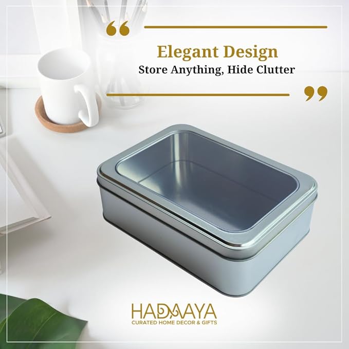 Silver Rectangular Tin Container With Clear Lid, Single Piece Multipurpose Tin, Festive Tin Box for Gift Giving, Cookies, Stationery & More - 7.25 x 5.25 x 2.25 Inches