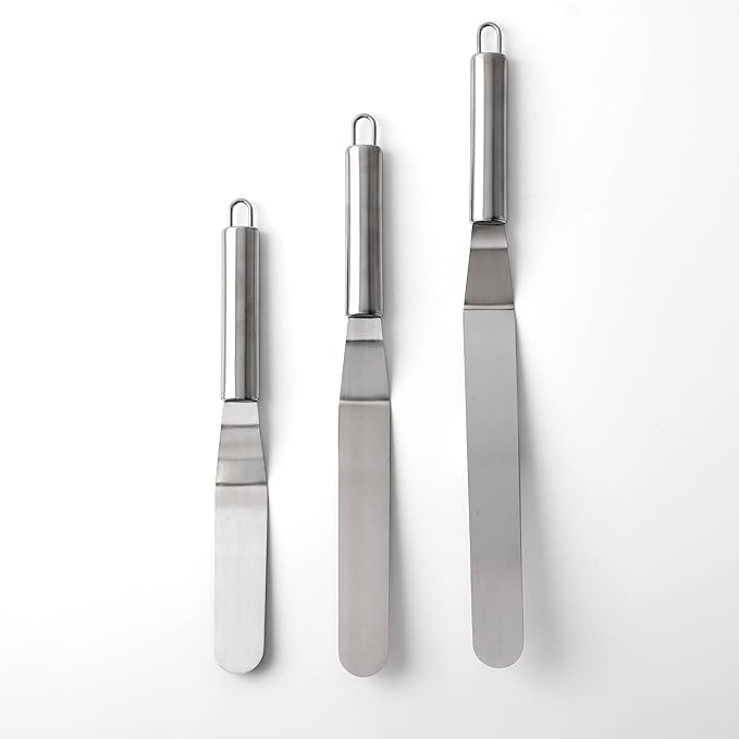 Cake Spatula Set – 6", 8", 10" Stainless Steel Offset & Straight Icing Spatulas for Cake Decorating and Frosting (Curved)
