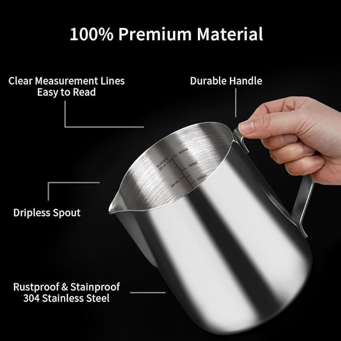 watchget Milk Frothing Pitcher 32oz/900ml - Stainless Steel Frothing Pitcher Espresso Steaming Pitcher Coffee Frother Cup Cappuccino Latte Art Coffee Machine Accessories Milk Jug, Silver
