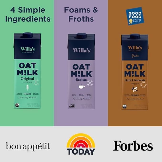 Willa's Organic Oat Milk - Chocolate Unsweetened Cacao Oatmilk, Non-GMO, Shelf Stable, Low Sugar, Non-Dairy Milk, Made from Whole Grain Oats, No Oil, No Gums, 32oz, Pack of 1
