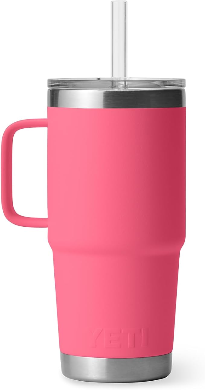 YETI Rambler 25 oz Tumbler with Handle and Straw Lid, Travel Mug Water Tumbler, Vacuum Insulated Cup with Handle, Stainless Steel, Tropical Pink