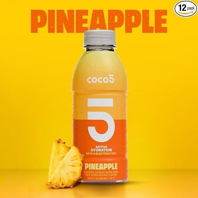 COCO5 Clean Sports Hydration Pineapple Flavor | 100% Natural | 50% Less Sugar | Nothing Artificial | Non-GMO | Gluten Free | Developed by Pro Trainers for Pro Athletes | 16.9 OZ (Pack - 12)
