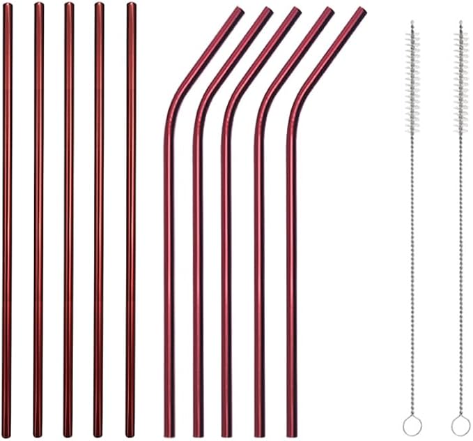 10 Pcs Stainless Steel Straws, Reusable Drinking Straws, 5 Straight + 5 Bent Metal Straws Set With 2 Pcs Cleaning Brushes (Red, 10.5 Inch)