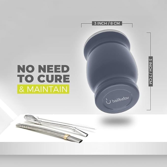 Balibetov [NEW] double wall Stainless Steel Yerba Mate Gourd set (Mate cup) with Yerba Mate Bombilla (straw) (GRAY)