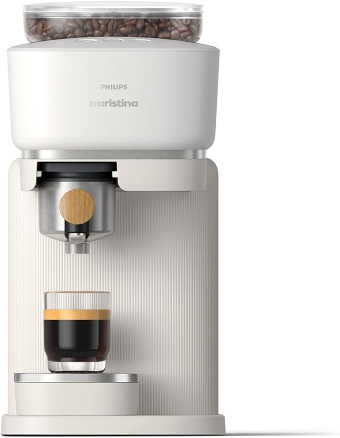 Philips Baristina Espresso Machine, Grind, Tamp & Brew Coffee Beans in One Swipe, Compact, 16 Bar Pump Pressure, Automatic Grinder, Natural White with Ash Wood Portafilter (BAR302/20)