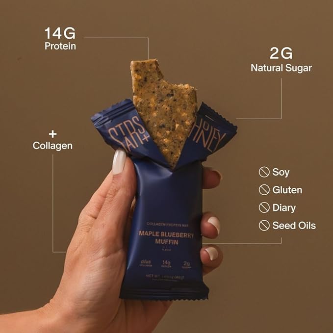 Stars + Honey Protein Bars- Maple Blueberry Muffin,14g Protein, 2g Sugar, w/Collagen Keto Friendly Snack - Gluten, Dairy, & Soy Free - High-Protein Snacks for Energy & Recovery-10 pack