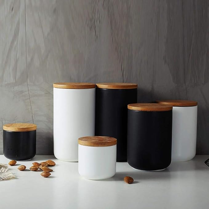 Food Storage Canister, Ceramic Kitchen Canisters with Airtight Seal Bamboo Lid, Food Storage Jar for Tea, Coffee Bean, Spice, Sugar 260ml/ 800ml/ 1000ml (260ml-8.2 x 8.3cm)
