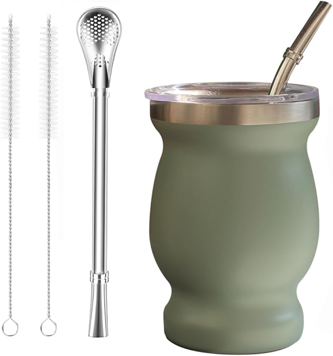 Beruth Bombilla Yerba Mate Gourd, 8oz Stainless Steel Tea Cup Set with a Multifunctional Lid, Two Straws and Cleaning Brushes, Double Walled Coffee Mug Heat Insulation Anti Scalding (Avocado Green)
