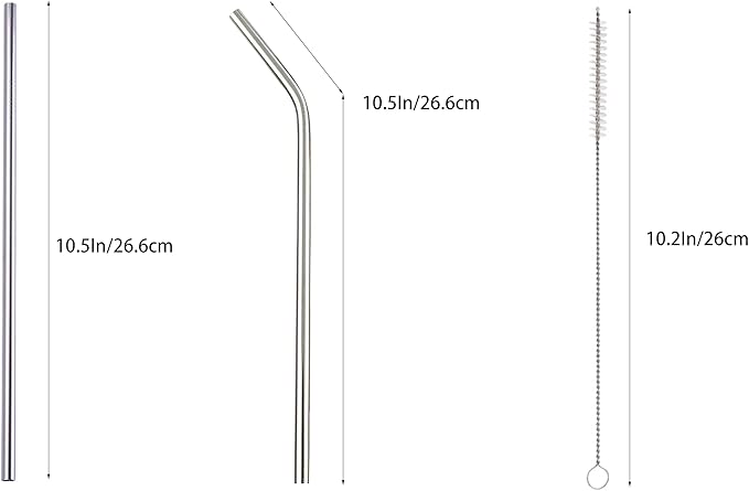 10 Pcs Stainless Steel Straws, Reusable Drinking Straws, 5 Straight + 5 Bent Metal Straws Set With 2 Pcs Cleaning Brushes (Silver, 10.5 Inch)