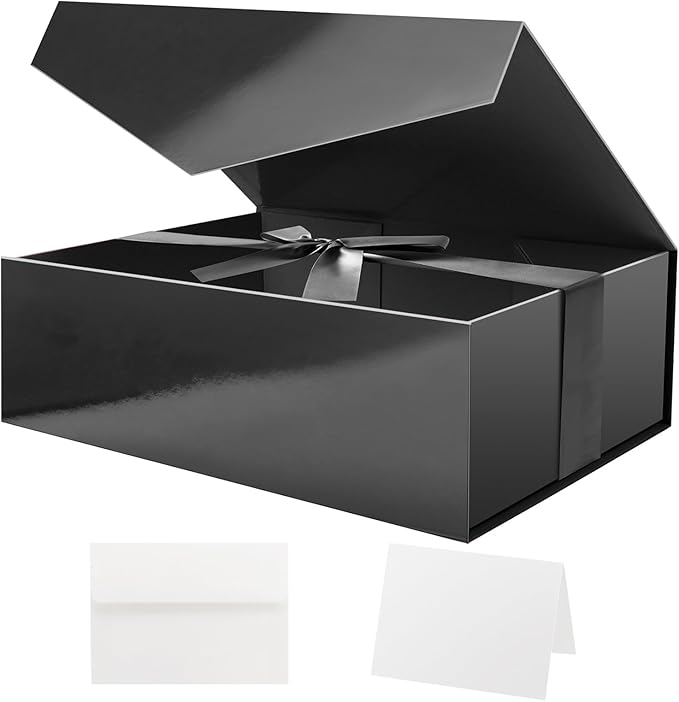 HAPPY POTATO Large Black Gift Box with Ribbon and Lid, 11.5x8.1x3.8 Inches, Groomsman Proposal Boxes, Magnetic Gift Box for Presents (Glossy Black)