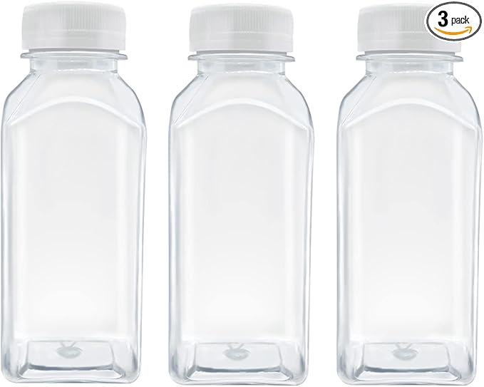 3 Pcs 8 Ounce Plastic Juice Bottles, Reusable Bulk Beverage Containers for Juice, Milk and Other Beverages, White lid