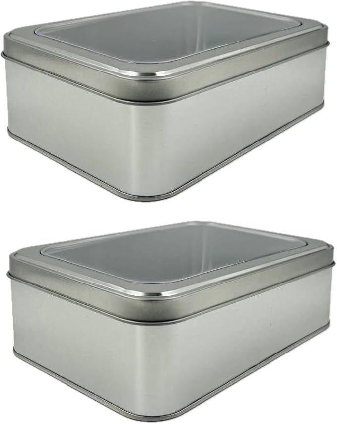 Pack of 2 Silver Rectangular Tin Container With Clear Lid, Multipurpose Tin Box, Festive Tin Box for Gift Giving, Cookies, Stationery & More - 7.25 x 5.25 x 2.25 Inches