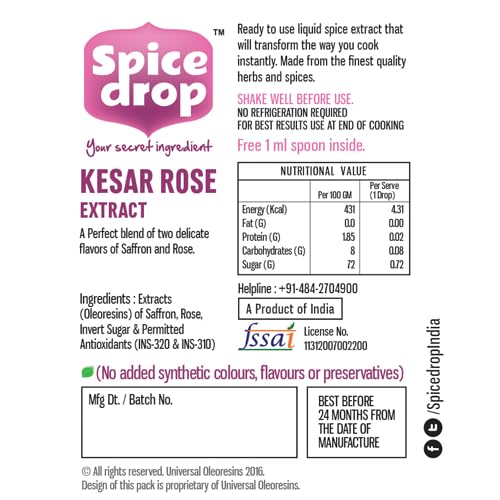 Spice Drop Saffron Rose Extract – Kashmiri Saffron & Rose Essence for Beverages & Desserts – Instant Mixing, No Added Sugar or Preservatives – Gluten-Free & Non-GMO – 20ml