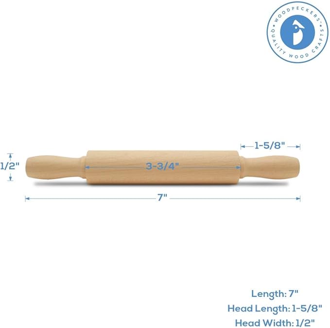 Wooden Mini Rolling Pin, 7 Inches Long, Pack of 6, Perfect for Fondant, Pasta, Baking in the Kitchen, Play-doh, Crafting and Imaginative Play, by Woodpeckers