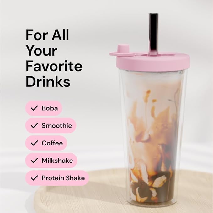 Dodoko Reusable Boba Cup and Straw Boba Tea Cup Bubble Tea Cup Reusable Iced Coffee Cup Cold Coffee Cup Smoothie Cup with Lid and Straw Smoothie Cup to go Smoothie Tumbler 17 oz - Bubble Pink