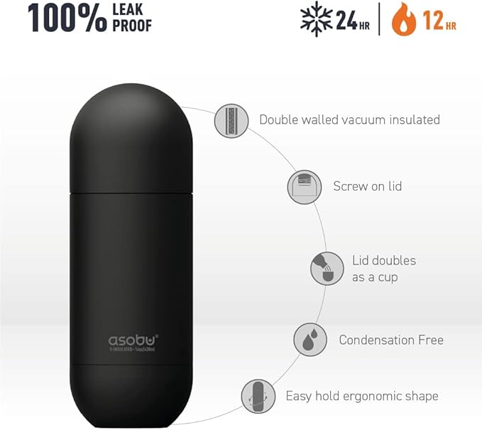 asobu Capsule Bottle Stainless Steel Double Wall Insulated Travel Water Bottle – Lid Doubles as a Cup 14 Ounce (Silver)