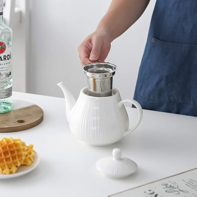 KOOV Ceramic Teapot with Infuser, 40 ounce Tea Pot with Infuser for Loose Tea, Large Enough For 6 Cups, Tea Kettles, Non-Electric (Cream)