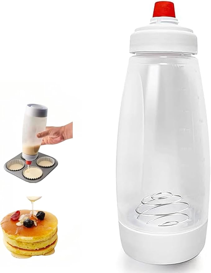 Batter Mixer and Dispenser with Whisk Ball, 1000ml Silicone Squeeze Pancake Batter Dispenser and Mixer, Stand Base and Leak-proof Sealing Ring for Pancakes Crepes Waffle Muffins Cupcakes