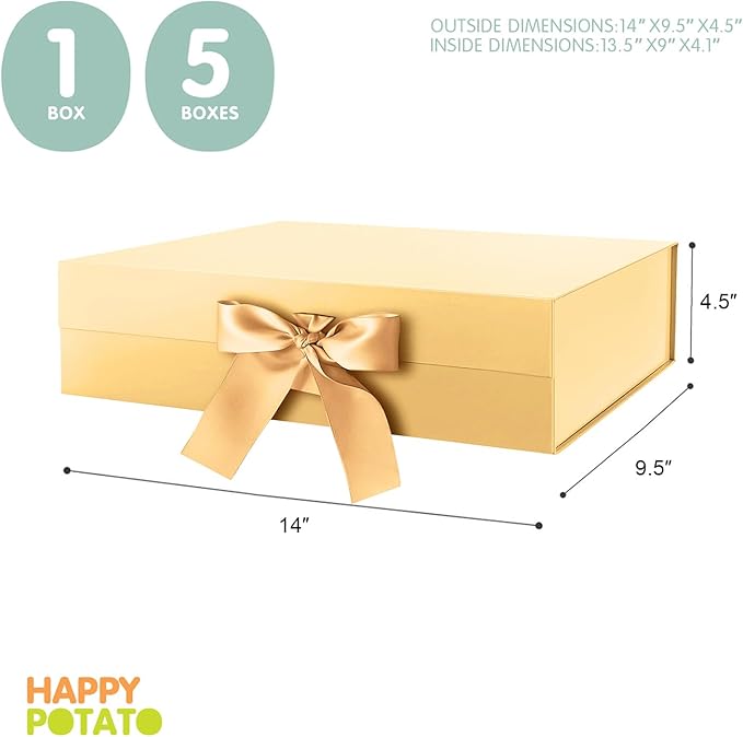 HAPPY POTATO 5 Large Gift Boxes with Ribbon 13.5x9x4.1 Inches, Gold Boxes with Lids, Bridesmaid Proposal Boxes, Magnetic Gift Boxes for presents (Glossy Gold, Pack of 5)