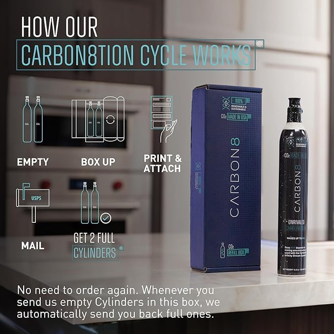 Carbon8 Sparkling Water Maker Machine, Home Soda Stream Machine, Screw-In CO2 Carbonator, Countertop Water Mineralizer, Seltzer Soda Maker Dispenser, CO2 Cylinder Included, Black