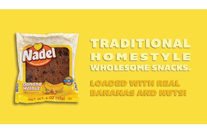 Nadel - Naturally Delicious Banana Nut bread, 8 Pack, Fresh Bananas, Crunchy Walnuts, Lunch snack breakfast bars Natural fresh brand, Cake Slices