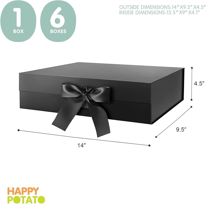 HAPPY POTATO Large Black Gift Box with Lid and Ribbon 13.5x9x4.1 Inches, Groomsman Proposal Box, Magnetic Gift Box for presents (Glossy Black)