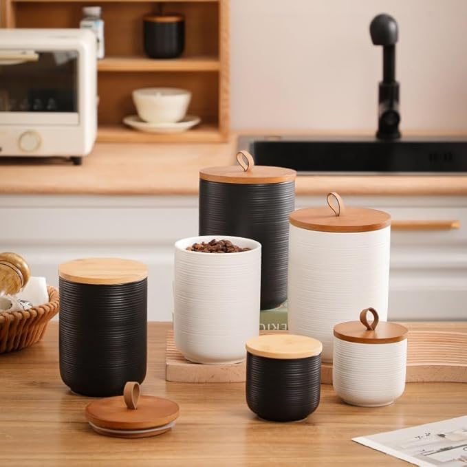Food Storage Jar Strong Ceramic Storage Canisters with Airtight Wooden Lid,Kitchen Storage Containers for Serving Coffee Beans, Tea, Sugar, Salt, Spices (Black three-piece set)