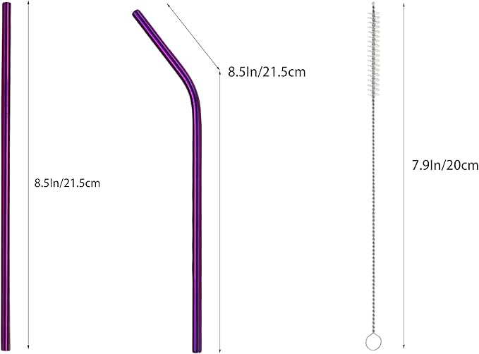 10 Pcs Stainless Steel Straws, Reusable Drinking Straws, 5 Straight + 5 Bent Metal Straws Set With 2 Pcs Cleaning Brushes (Purple, 8.5 Inch)