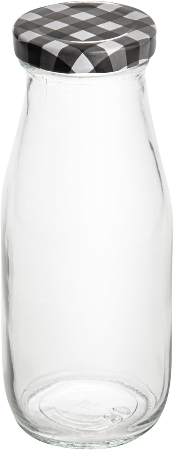 Restaurantware French Countryside 11 Ounce Glass Bottles 10 Durable Juice Bottles - With Black Plaid Lid Dishwashable Clear Glass Countryside Bottles For Hot And Cold Beverages