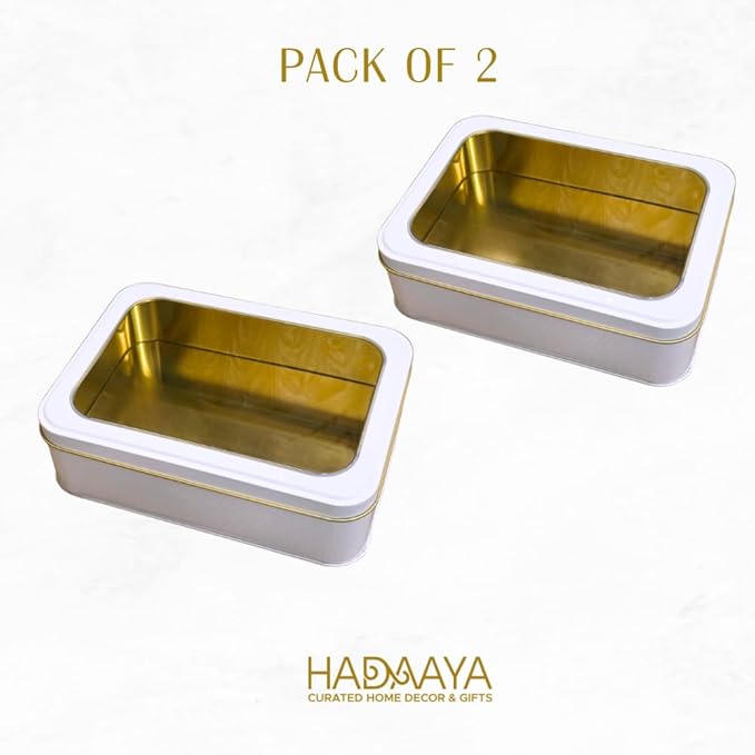 Pack of 2 Pearl White Rectangular Tin Container With Clear Lid, Multipurpose Tin Box, Festive Tin Box for Gift Giving, Cookies, Stationery & More - 7.25 x 5.25 x 2.25 Inches
