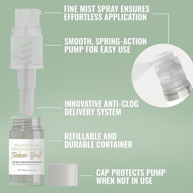 Bakell - Silver Sage Tinker Dust (4g, 1x Mini Spray Pump) Edible Glitter for Food, Desserts, and Beverages!