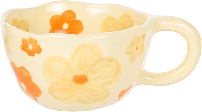 Ceramic Coffee Mug Vintage Flower Mugs 8 oz Cute Floral Coffee Mugs Irregular Latte Art Cup Lead-free Porcelain Cups for Cappuccino, Cocoa (Orange Flowers)