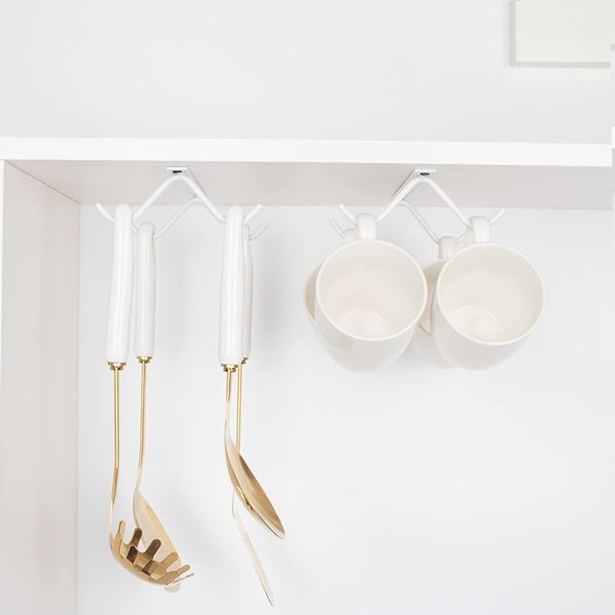 Cabinet Hook Mug Holder - Hanging Coffee Cup Rack for Kitchen, Under Cabinets Metal Hangers Organizer Shelf Storage Utensil (White)